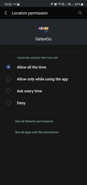 Location Settings GetexGo App